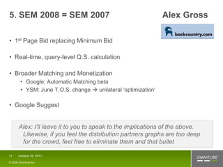 5. SEM 2008 = SEM 2007                                          Alex Gross

• 1st Page Bid replacing Minimum Bid

• Real-time, query-level Q.S. calculation

• Broader Matching and Monetization
        • Google: Automatic Matching beta
        • YSM: June T.O.S. change  unilateral 'optimization‘

• Google Suggest


       Alex: I’ll leave it to you to speak to the implications of the above.
        Likewise, if you feel the distribution partners graphs are too deep
        for the crowd, feel free to eliminate them and that bullet

11    October 25, 2011

© 2008 Omniture Inc
 