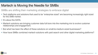 8© 2015 BIA/Kelsey. All Rights Reserved. |
Martech is Moving the Needle for SMBs
SMBs are shifting their marketing strategies to embrace digital
 Tech platforms and solutions that used to be “enterprise sized” are becoming increasingly right sized
for the SMB market.
 It’s about the DATA.
 Martech solutions are bringing customer data full bore into the marketing mix to evolve customer
relationships and engagement.
 But what has been the affect of these solutions on small-to-medium-sized businesses?
 How have SMBs combined martech solutions with paid search and other digital marketing platforms?
 