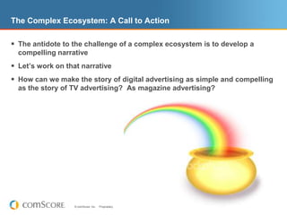 The Complex Ecosystem: A Call to ActionThe antidote to the challenge of a complex ecosystem is to develop a compelling narrativeLet’s work on that narrativeHow can we make the story of digital advertising as simple and compelling as the story of TV advertising?  As magazine advertising?