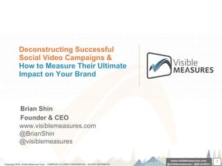 Deconstructing Successful Social Video Campaigns &  How to Measure Their Ultimate Impact on Your Brand ,[object Object],[object Object],Copyright 2010, Visible Measures Corp.  - COMPANY & CLIENT CONFIDENTIAL -  DO NOT DISTRIBUTE www.visiblemeasures.com @visiblemeasures / @BrianShin www.visiblemeasures.com @BrianShin @visiblemeasures 