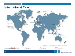19
approximately 800 lawyers 15 offices 3continents 23languages
International Reach
 