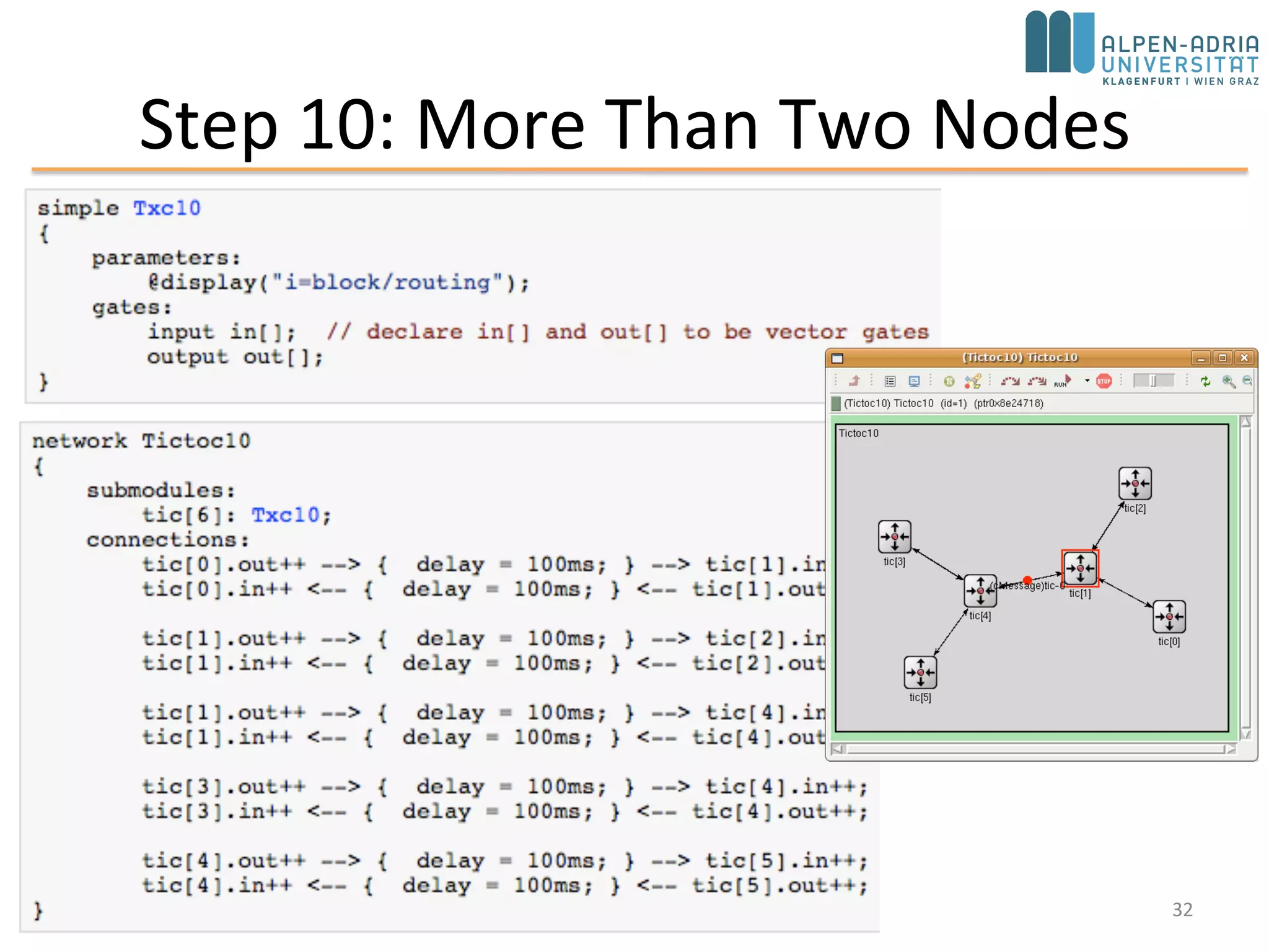 Turning it into a real network
• Step 10: More than two nodes
• Step 11: Channels and inner type definitions
• Step 12: Using two-way connections
• Step 13: Defining our message class
October 2015 C. Timmerer - AAU/TEWI/ITEC/MMC 32
 