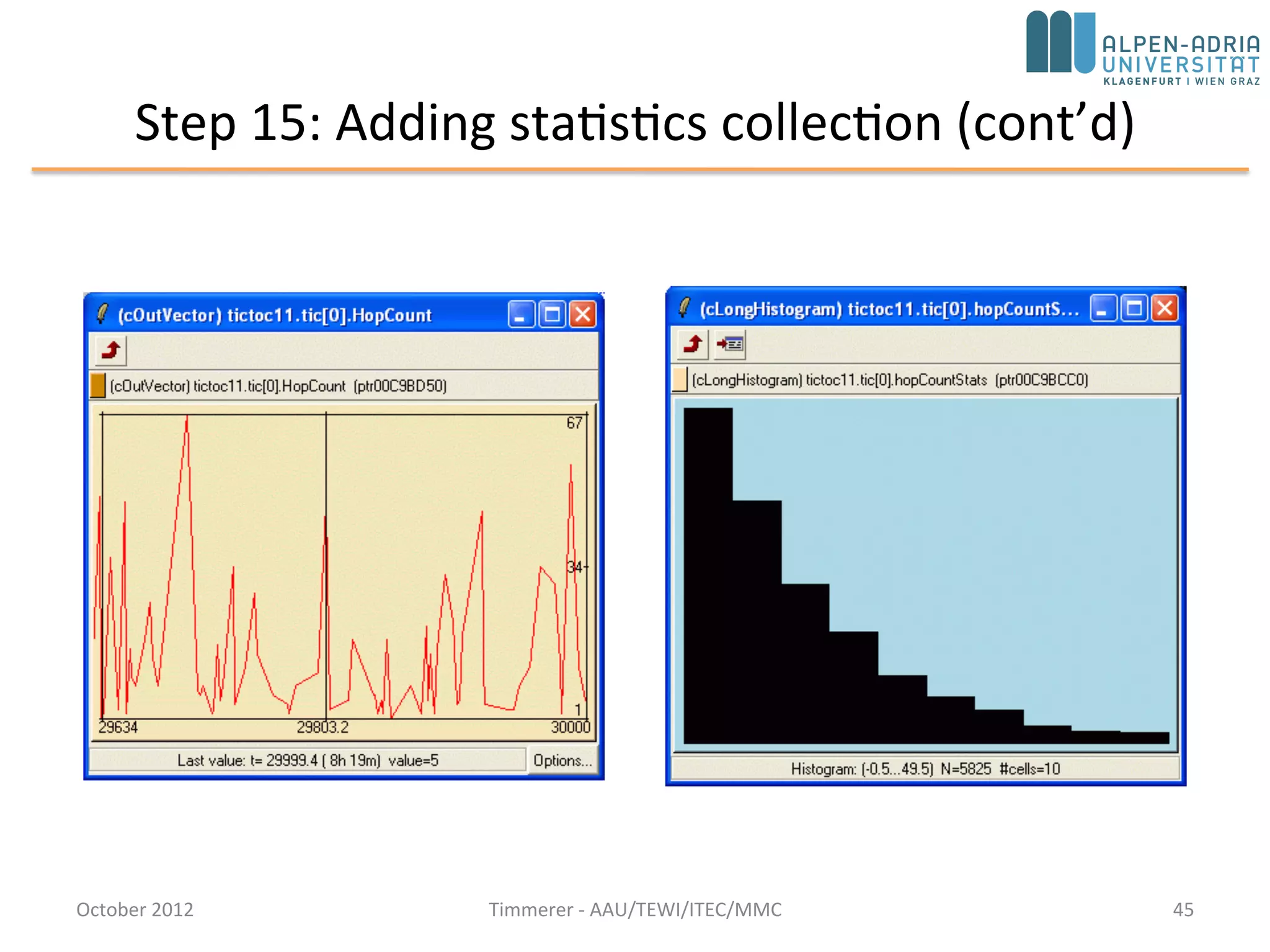 Step 15: Adding statistics collection (cont’d)
• Output vector object (which will record the data into omnetpp.vec) and a
histogram object (which also calculates mean, etc)
class Txc15 : public cSimpleModule {
private:
long numSent;
long numReceived;
cLongHistogram hopCountStats;
cOutVector hopCountVector;
• Upon message arrival, update statistics within handleMessage()
hopCountVector.record(hopcount);
hopCountStats.collect(hopcount);
• hopCountVector.record() call writes the data into Tictoc15-0.vec (will be
deleted each time the simulation is restarted)
October 2015 C. Timmerer - AAU/TEWI/ITEC/MMC 45
 