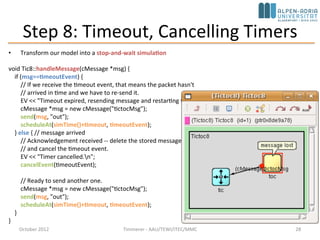 Step 8: Timeout, Cancelling Timers
• Transform our model into a stop-and-wait simulation
void Tic8::handleMessage(cMessage *msg) {
if (msg==timeoutEvent) {
// If we receive the timeout event, that means the packet hasn't
// arrived in time and we have to re-send it.
EV << "Timeout expired, resending message and restarting timern";
cMessage *msg = new cMessage("tictocMsg");
send(msg, "out");
scheduleAt(simTime()+timeout, timeoutEvent);
} else { // message arrived
// Acknowledgement received -- delete the stored message
// and cancel the timeout event.
EV << "Timer cancelled.n";
cancelEvent(timeoutEvent);
// Ready to send another one.
cMessage *msg = new cMessage("tictocMsg");
send(msg, "out");
scheduleAt(simTime()+timeout, timeoutEvent);
}
}
October 2015 C. Timmerer - AAU/TEWI/ITEC/MMC 28
 