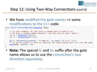 Step 12: Using Two-Way Connections
• Each node pair is connected with two connections =>
OMNeT++ 4 supports 2-way connections
• The new connections section would look like this:
October 2015 C. Timmerer - AAU/TEWI/ITEC/MMC 36
 