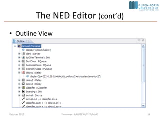 Conclusions
• OMNeT++: discrete event simulation system
• OMNeT++ is a
– public-source,
– component-based,
– modular and open-architecture simulation environment
– with strong GUI support and
– an embeddable simulation kernel
• OMNeT++ 5.1 IDE (Eclipse)
– http://www.omnetpp.org/doc/omnetpp/UserGuide.pdf
• http://www.omnetpp.org/documentation
October 2015 C. Timmerer - AAU/TEWI/ITEC/MMC 56
 