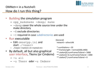 OMNet++ in a Nutshell:
How do I run this thing?
• Building the simulation program
– opp_makemake -deep; make
– -deep cover the whole source tree under the
make directory
– -X exclude directories
– -I required in case subdirectories are used
• Run executable
– Edit omnetpp.ini and
start ./<exec>
– ./<exec> <name1>.ini <name2.ini>
• By default, all but also graphical
user interface, Tkenv (or Cmdenv)
– -u all
– -u Tkenv oder -u Cmdenv
October 2015 C. Timmerer - AAU/TEWI/ITEC/MMC 6
[General]
network = EtherLAN
*.numStations = 20
**.frameLength = normal(200,1400)
**.station[0].numFramesToSend = 5000
**.station[1-5].numFramesToSend = 1000
**.station[*].numFramesToSend = 0
 