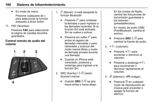 Manual del propietario Chevrolet Sonic (GMK-Localización-México-
10371486) - 2017 - crc - 7/8/16
100 Sistema de Infoentretenimiento
. En modo de menú:
Presione cualquiera de –
para seleccionar la función
enlazada a dicho botón.
11. FAV (favoritas)
Presione FAV para seleccionar
la página de canales favoritos
guardados.
Control remoto de audio del
volante
1. b (llamar): si está equipada la
función Bluetooth
. Presione b para contestar
la llamada o para ingresar a
las llamadas recientes. Si la
función Siri está activada,
Siri se vuelve a activar.
. Presione sin soltar b para
entrar al registro de
llamadas marcadas o para
retroceder y avanzar del
modo manos libres y modo
de llamada privada durante
una llamada.
. Cuando un iPhone está
conectado, presione y
sostenga para ingresar a la
función Siri.
2. SRC (fuente) / _ /^ (seek)
(buscar) marcar
. Cuando SRC _ /^ se gira
hacia arriba o hacia abajo.
En los modos de Radio,
cambia las frecuencias de
transmisión guardadas a
los botones -
(preestablecidos).
En modos de audio USB/
iPod/Bluetooth, cambia el
archivo.
. Presione SRC _ /^ para
cambiar la fuente de audio.
3. + x - (volumen)
. Presione + x - para
aumentar o disminuir el
volumen.
. Presione y sostenga + x -
para incrementar o
disminuir rápidamente el
volumen.
4. $ (silencio) / i (colgar)
. Presione $ en cualquier
modo de reproducción de
música para encender o
apagar la función de
silencio.
 