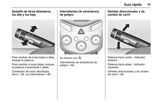 Manual del propietario Chevrolet Sonic (GMK-Localización-México-
10371486) - 2017 - crc - 7/8/16
Guía rápida 11
Destello de faros delanteros,
luz alta y luz baja
Para cambiar de luces bajas a altas,
empuje la palanca.
Para cambiar a luces bajas, empuje
la palanca nuevamente o jálela.
Cambiador de luces altas/bajas,
faros 0 88, Luz Intermitente 0 88.
Intermitentes de advertencia
de peligro
Se activan con |.
Intermitentes de advertencia de
peligro 0 89.
Señales direccionales y de
cambio de carril
Palanca hacia arriba : Indicador
derecho
Palanca hacia abajo : Indicador
izquierdo
Señales direccionales y de cambio
de carril 0 89.
 