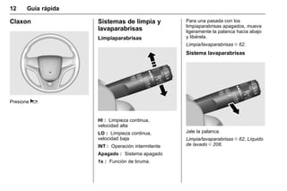 Manual del propietario Chevrolet Sonic (GMK-Localización-México-
10371486) - 2017 - crc - 7/8/16
12 Guía rápida
Claxon
Presione a.
Sistemas de limpia y
lavaparabrisas
Limpiaparabrisas
HI : Limpieza continua,
velocidad alta
LO : Limpieza continua,
velocidad baja
INT : Operación intermitente
Apagado : Sistema apagado
1x : Función de bruma.
Para una pasada con los
limpiaparabrisas apagados, mueva
ligeramente la palanca hacia abajo
y libérela.
Limpia/lavaparabrisas 0 62.
Sistema lavaparabrisas
Jale la palanca.
Limpia/lavaparabrisas 0 62, Líquido
de lavado 0 208.
 