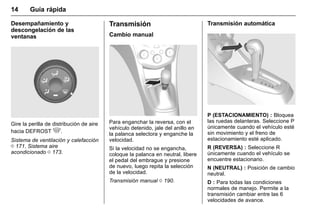 Manual del propietario Chevrolet Sonic (GMK-Localización-México-
10371486) - 2017 - crc - 7/8/16
14 Guía rápida
Desempañamiento y
descongelación de las
ventanas
Gire la perilla de distribución de aire
hacia DEFROST 5.
Sistema de ventilación y calefacción
0 171, Sistema aire
acondicionado 0 173.
Transmisión
Cambio manual
Para enganchar la reversa, con el
vehículo detenido, jale del anillo en
la palanca selectora y enganche la
velocidad.
Si la velocidad no se engancha,
coloque la palanca en neutral, libere
el pedal del embrague y presione
de nuevo, luego repita la selección
de la velocidad.
Transmisión manual 0 190.
Transmisión automática
P (ESTACIONAMIENTO) : Bloquea
las ruedas delanteras. Seleccione P
únicamente cuando el vehículo esté
sin movimiento y el freno de
estacionamiento esté aplicado.
R (REVERSA) : Seleccione R
únicamente cuando el vehículo se
encuentre estacionario.
N (NEUTRAL) : Posición de cambio
neutral.
D : Para todas las condiciones
normales de manejo. Permite a la
transmisión cambiar entre las 6
velocidades de avance.
 