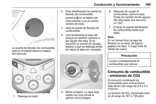 Manual del propietario Chevrolet Sonic (GMK-Localización-México-
10371486) - 2017 - crc - 7/8/16
Conducción y funcionamiento 195
La puerta de llenado de combustible
está en el lateral derecho trasero
del vehículo.
1. Detenga el motor.
2. Para desbloquear la puerta de
llenado de combustible,
presione " en el tablero de
instrumentos o en el control
remoto de radio.
3. Abra la puerta de llenado de
combustible.
4. Gire lentamente la tapa del
tanque en sentido contrario a
las agujas del reloj. Si se
escucha un sonido de escape,
espere a que se detenga antes
de retirar la tapa por completo.
5. Retire el tapón. La tapa está
sujeta con una correa al
gancho de la bisagra.
6. Después de cargar el
combustible, cierre la tapa.
Gírela en sentido de las agujas
del reloj hasta que escuche
un "clic".
7. Empuje la puerta del llenador
de combustible hasta que
trabe.
Nota
Si, en climas fríos, la tapa de
llenado no se abre, dé ligeros
golpes a la tapa. Y luego trate de
abrirla de nuevo.
Precaución
Limpie inmediatamente el
combustible que rebose.
Consumo de combustible
- emisiones de CO2
El consumo combinado de
combustible para el Aveo/Sonic
está dentro del rango de 9.9 a 5.3
l/100 km.
La emisión de CO2 combinada está
en el rango de 167 a 156 g/km.
 
