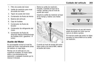 Manual del propietario Chevrolet Sonic (GMK-Localización-México-
10371486) - 2017 - crc - 7/8/16
Cuidado del vehículo 203
1. Filtro de aceite del motor
2. Varilla de medición para nivel
de aceite de motor
3. Tapón de aceite del motor
4. Contenedor de fluido de frenos
5. Batería del vehículo
6. Caja de fusibles
7. Contenedor de fluido de
lavador
8. Contenedor de refrigerante del
motor
9. Contenedor de fluido de
dirección electro-hidráulica/caja
de fusibles AUX. (gasolina 1.4
turbo)
Aceite del Motor
Es aconsejable revisar el nivel de
aceite del motor manualmente antes
de realizar un viaje largo.
Revise con el vehículo en una
superficie nivelada. El motor debe
estar a una temperatura de
operación y apagado durante por lo
menos 5 minutos.
Retire la varilla de medición,
límpiela, insértela al tope de la
manija, retírela y lea el nivel de
aceite del motor.
Inserte la varilla de medición al tope
de la manija y realice una media
vuelta.
Cuando el nivel de aceite del motor
haya caído a la marca MIN, rellene
el aceite del motor.
Recomendamos el uso del mismo
grado de aceite de motor que se
usó en el último cambio.
El nivel de aceite del motor no debe
exceder la marca MAX en la varilla
de medición.
 