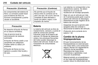 Manual del propietario Chevrolet Sonic (GMK-Localización-México-
10371486) - 2017 - crc - 7/8/16
210 Cuidado del vehículo
Precaución (Continúa)
los componentes del sistema de
freno. La corrosión puede hacer
que el sistema de freno no
funcione correctamente y podría
causar un accidente.
Precaución
No deseche el líquido de frenos
en su basura doméstica.
Use el servicio local de
administración de residuos
autorizado.
El líquido de frenos usado y sus
recipientes son peligrosos.
Pueden dañar su salud y el
ambiente.
El líquido de frenos es muy
agresivo y puede irritar la piel y
los ojos.
(Continúa)
Precaución (Continúa)
No permita que el líquido de
frenos entre en contacto con la
piel o los ojos. De ocurrir, lave de
inmediato el área afectada a
fondo con jabón y agua, o con
limpiador de manos.
Batería
La batería del vehículo es libre de
mantenimiento, siempre y cuando el
perfil de conducción permita
suficiente carga de la batería del
vehículo. El manejo de distancias
cortas y los arranques frecuentes
del motor pueden descargar la
batería del vehículo. Evitar el uso
innecesario de consumidores
eléctricos.
Las baterías no corresponden a los
desperdicios caseros. Se deben
desechar en un punto de
recolección de reciclaje apropiado.
Dejar sin uso el vehículo por más
de 4 semanas puede guiar a que la
batería del vehículo se descargue.
Desemborne el polo negativo de la
batería del vehículo.
Asegúrese de que la ignición esté
apagada antes de conectar o
desconectar la batería del vehículo.
Protección de la corriente de la
batería 0 92.
Cambio de la pluma
limpiaparabrisas
El buen funcionamiento de los
limpiaparabrisas es esencial para
una visión clara y una conducción
segura. Revise con regularidad la
condición de las escobillas.
Reemplace las hojas duras,
quebradizas o agrietadas o que
ensucian el parabrisas.
Material extraño en el parabrisas o
en las hojas del limpiaparabrisas
pueden reducir la efectividad de los
 