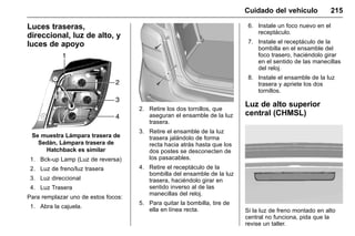 Manual del propietario Chevrolet Sonic (GMK-Localización-México-
10371486) - 2017 - crc - 7/8/16
Cuidado del vehículo 215
Luces traseras,
direccional, luz de alto, y
luces de apoyo
Se muestra Lámpara trasera de
Sedán, Lámpara trasera de
Hatchback es similar
1. Bck-up Lamp (Luz de reversa)
2. Luz de freno/luz trasera
3. Luz direccional
4. Luz Trasera
Para remplazar uno de estos focos:
1. Abra la cajuela.
2. Retire los dos tornillos, que
aseguran el ensamble de la luz
trasera.
3. Retire el ensamble de la luz
trasera jalándolo de forma
recta hacia atrás hasta que los
dos postes se desconecten de
los pasacables.
4. Retire el receptáculo de la
bombilla del ensamble de la luz
trasera, haciéndolo girar en
sentido inverso al de las
manecillas del reloj.
5. Para quitar la bombilla, tire de
ella en línea recta.
6. Instale un foco nuevo en el
receptáculo.
7. Instale el receptáculo de la
bombilla en el ensamble del
foco trasero, haciéndolo girar
en el sentido de las manecillas
del reloj.
8. Instale el ensamble de la luz
trasera y apriete los dos
tornillos.
Luz de alto superior
central (CHMSL)
Si la luz de freno montado en alto
central no funciona, pida que la
revise un taller.
 