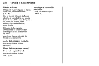 Manual del propietario Chevrolet Sonic (GMK-Localización-México-
10371486) - 2017 - crc - 7/8/16
242 Servicio y mantenimiento
Líquido de frenos
Utilice solo nuestro líquido de frenos
autorizado para este vehículo
(DOT 4).
Con el tiempo, el líquido de frenos
absorbe la humedad, lo que reduce
la efectividad del frenado. El líquido
de frenos por lo tanto, debe
reemplazarse en el intervalo
especificado.
El líquido de frenos debe
almacenarse en un contenedor
sellado para evitar la absorción
de agua.
Asegúrese de que el líquido de
frenos no se contamine.
Aceite de la dirección hidráulica
Utilice únicamente líquido
Dexron VI.
Fluido de la transmisión manual
Para motor a gasolina 1.6
Utilice únicamente líquido
SAE75W90.
Líquido de la transmisión
automática
Utilice únicamente líquido
Dexron VI.
 