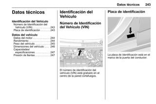 Manual del propietario Chevrolet Sonic (GMK-Localización-México-
10371486) - 2017 - crc - 7/8/16
Datos técnicos 243
Datos técnicos
Identificación del Vehículo
Número de Identificación del
Vehículo (VIN) . . . . . . . . . . . . . . 243
Placa de identificación . . . . . . . . 243
Datos del vehículo
Datos del motor . . . . . . . . . . . . . . 244
Rendimiento . . . . . . . . . . . . . . . . . . 244
Peso del vehículo . . . . . . . . . . . . 245
Dimensiones del vehículo . . . . 246
Capacidades/
especificaciones . . . . . . . . . . . . 247
Presión de llantas . . . . . . . . . . . . 247
Identificación del
Vehículo
Número de Identificación
del Vehículo (VIN)
El número de identificación del
vehículo (VIN) está grabado en el
centro de la pared cortafuegos.
Placa de identificación
La placa de identificación está en el
marco de la puerta del conductor.
 