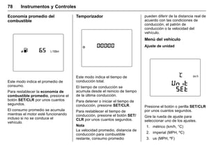 Manual del propietario Chevrolet Sonic (GMK-Localización-México-
10371486) - 2017 - crc - 7/8/16
78 Instrumentos y Controles
Economía promedio del
combustible
Este modo indica el promedio de
consumo.
Para restablecer la economía de
combustible promedio, presione el
botón SET/CLR por unos cuantos
segundos.
El consumo promedio se acumula
mientras el motor esté funcionando
incluso si no se conduce el
vehículo.
Temporizador
Este modo indica el tiempo de
conducción total.
El tiempo de conducción se
acumula desde el reinicio de tiempo
de la última conducción.
Para detener o iniciar el tiempo de
conducción, presione SET/CLR.
Para restablecer el tiempo de
conducción, presione el botón SET/
CLR por unos cuantos segundos.
Nota
La velocidad promedio, distancia de
conducción para combustible
restante, consumo promedio
pueden diferir de la distancia real de
acuerdo con las condiciones de
conducción, el patrón de
conducción o la velocidad del
vehículo.
Menú del vehículo
Ajuste de unidad
Presione el botón o perilla SET/CLR
por unos cuantos segundos.
Gire la rueda de ajuste para
seleccionar uno de los ajustes.
1. métrico (km/h, °C)
2. imperial (MPH, ºC)
3. us (MPH, ºF)
 