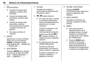 Manual del propietario Chevrolet Sonic (GMK-Localización-México-
10371486) - 2017 - crc - 7/8/16
96 Sistema de Infoentretenimiento
1. P (encendido)
. Cuando la energía está
apagada, presione para
encender.
. Cuando la energía está
encendida, presione para
apagar.
. Cuando la energía está
encendida, presione
brevemente para encender
o apagar la función de
silencio.
. Gire para controlar el
volumen.
2. RADIO
Seleccione el modo de Radio.
Cada vez que se presione
RADIO, el sistema cambia
entre RADIO AM → RADIO FM
→ RADIO AM → ….
3. MULTIMEDIA
Presione MEDIA para cambiar
el modo en el orden de USB/
iPod → Música Bluetooth →
AUX → USB/iPod → ….
4. Pantalla
Pantalla para estado e
información de Reproducción,
Recepción, Menú.
5. g / d (seek) (buscar)
. En modo de radio: Cuando
se presione brevemente,
busca automáticamente la
estación con la mejor
recepción.
Cuando se presiona y se
sostiene, cambia
continuamente la estación
hasta que se libere g O
d. Cuando se libera, el
sistema busca la siguiente
estación.
. En reproducción de audio
USB/iPod/Bluetooth:
Cuando se presiona
brevemente, se mueve al
archivo anterior o siguiente.
Cuando se presiona y se
sostiene, rebobina o
adelanta el archivo.
6. PHONE (TELÉFONO)
Presione PHONE
(TELÉFONO) para ingresar al
modo de aplicación del
teléfono.
7. BACK (ATRÁS)
Cancelar el contenido de
entrada o regresar al menú
anterior.
8. MENÚ
. Gire para buscar la
estación/archivo en la
pantalla de lista o mover/
cambiar el contenido de
configuración o los valores
de configuración.
. Presione MENÚ para
mostrar el menú que
funciona actualmente o
seleccionar/practicar el
contenido de configuración
y valores de configuración.
 