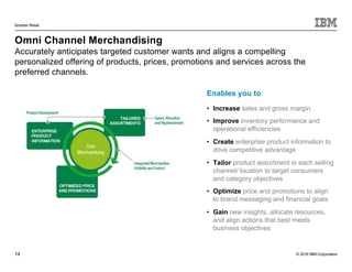 © 2016 IBM Corporation
Smarter Retail
14
Omni Channel Merchandising
Accurately anticipates targeted customer wants and aligns a compelling
personalized offering of products, prices, promotions and services across the
preferred channels.
Enables you to
• Increase sales and gross margin
• Improve inventory performance and
operational efficiencies
• Create enterprise product information to
drive competitive advantage
• Tailor product assortment in each selling
channel/ location to target consumers
and category objectives
• Optimize price and promotions to align
to brand messaging and financial goals
• Gain new insights, allocate resources,
and align actions that best meets
business objectives
Governance
StrategyVision
Best People and Talent
Financial Excellence
 