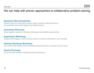 © 2016 IBM Corporation
Smarter Retail
18
We can help with proven approaches to collaborative problem-solving.
Business Value Accelerator
Identify areas for improved business value, quantify expected returns,
and prioritize those with highest and fastest returns.
Innovation Discovery
Bring together experts to reframe challenges and identify opportunities.
Exploration Workshop
Explore technologies, tools and techniques to improve outcomes in your industry.
Solution Roadmap Workshop
Lay out the path ahead, from immediate improvements to a common future vision.
Proof of Concept
Prove the path forward, starting small and scaling up.
 