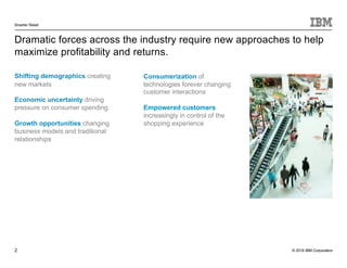 © 2016 IBM Corporation
Smarter Retail
2
Dramatic forces across the industry require new approaches to help
maximize profitability and returns.
Shifting demographics creating
new markets
Economic uncertainty driving
pressure on consumer spending
Growth opportunities changing
business models and traditional
relationships
Consumerization of
technologies forever changing
customer interactions
Empowered customers
increasingly in control of the
shopping experience
 