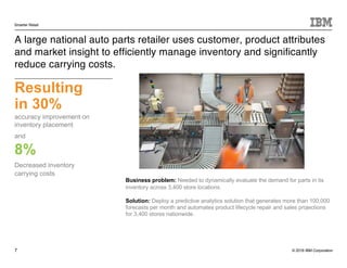 © 2016 IBM Corporation
Smarter Retail
7
A large national auto parts retailer uses customer, product attributes
and market insight to efficiently manage inventory and significantly
reduce carrying costs.
Resulting
in 30%
accuracy improvement on
inventory placement
Business problem: Needed to dynamically evaluate the demand for parts in its
inventory across 3,400 store locations.
Solution: Deploy a predictive analytics solution that generates more than 100,000
forecasts per month and automates product lifecycle repair and sales projections
for 3,400 stores nationwide.
8%
Decreased inventory
carrying costs
and
 