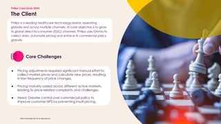 ?2024 Omnia Retail (Pty) Ltd. All rights reserved.
Philips Case Study 2024
The Client
Philips is a leading healthcare technology brand, operating
globally and across multiple channels. Its core objective is to grow
its global direct-to-consumer (D2C) channels. Philips uses Omnia to
collect data, automate pricing and enforce its commercial policy
globally.
Core Challenges
 Pricing adjustments required significant manual effort to
collect market prices and calculate new prices, resulting
in low frequency of price changes.
 Pricing maturity varied across different active markets,
leading to price-related complaints and challenges.
 Need: Greater control over commercial policy to
improve customer NPS by preventing insult pricing.
 