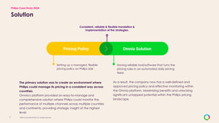 Solution
The primary solution was to create an environment where
Philips could manage its pricing in a consistent way across
countries.
Omnia's platform provided an easy-to-manage and
comprehensive solution where Philips could monitor the
performance of multiple channels across multiple countries
and continents, providing strategic insight at the highest
level.
?2024 Omnia Retail (Pty) Ltd. All rights reserved.
7
Philips Case Study 2024
Pricing Policy Omnia Solution
Consistent, reliable & flexible translation &
Implementation of the strategies.
Setting up a managed, flexible
pricing policy on Philips side
Having reliable tool/software that turns the
pricing rules in an automated daily pricing
feed.
As a result, the company now has a well-defined and
approved pricing policy and effective monitoring within
the Omnia platform. Maximising benefits and unlocking
significant untapped potential within the Philips pricing
landscape.
 