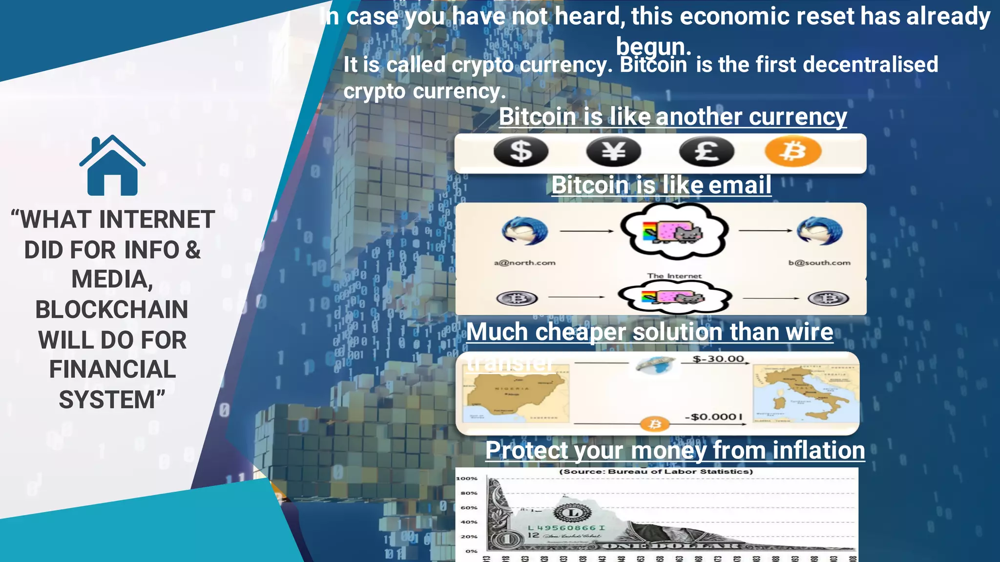 5
“WHAT INTERNET
DID FOR INFO &
MEDIA,
BLOCKCHAIN
WILL DO FOR
FINANCIAL
SYSTEM”
In case you have not heard, this economic reset has already
begun.
It is called crypto currency. Bitcoin is the first decentralised
crypto currency.
Much cheaper solution than wire
transfer
Bitcoin is like another currency
Bitcoin is like email
Protect your money from inflation
 