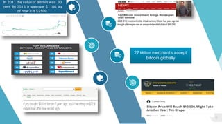 6
In 2011 the valueof Bitcoin was .30
cent. By 2013, it was over $1100. As
of now it is $2500.
27 Million merchants accept
bitcoin globally
 