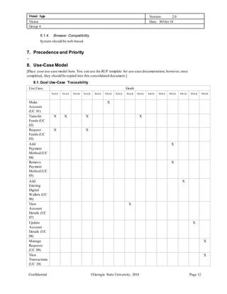 Omni App Version: 2.0
Vision Date: 30/Oct/18
Group 6
Confidential Georgia State University, 2018 Page 12
6.1.4. Browser Compatibility
System should be web-based.
7. Precedence and Priority
--
8. Use-Case Model
[Place youruse-case model here. You can use the RUP template for use-case documentation; however, once
completed, they should be copied into this consolidated document.]
8.1. Goal Use-Case Traceability
Use Case Goals
5.1.1.1. 5.1.1.2. 5.1.1.4. 5.1.1.5. 5.2.1.1. 5.2.1.2. 5.2.1.3. 5.2.1.4. 5.3.1.1. 5.4.1.1. 5.5.1.1. 5.5.1.2. 5.5.1.3. 5.5.1.4. 5.5.1.5.
Make
Account
(UC 01)
X
Transfer
Funds (UC
02)
X X X X
Request
Funds (UC
03)
X X
Add
Payment
Method (UC
04)
X
Remove
Payment
Method (UC
05)
X
Add
Existing
Digital
Wallets (UC
06)
X
View
Account
Details (UC
07)
X
Update
Account
Details (UC
08)
X
Manage
Requests
(UC 09)
X
View
Transactions
(UC 10)
X
 
