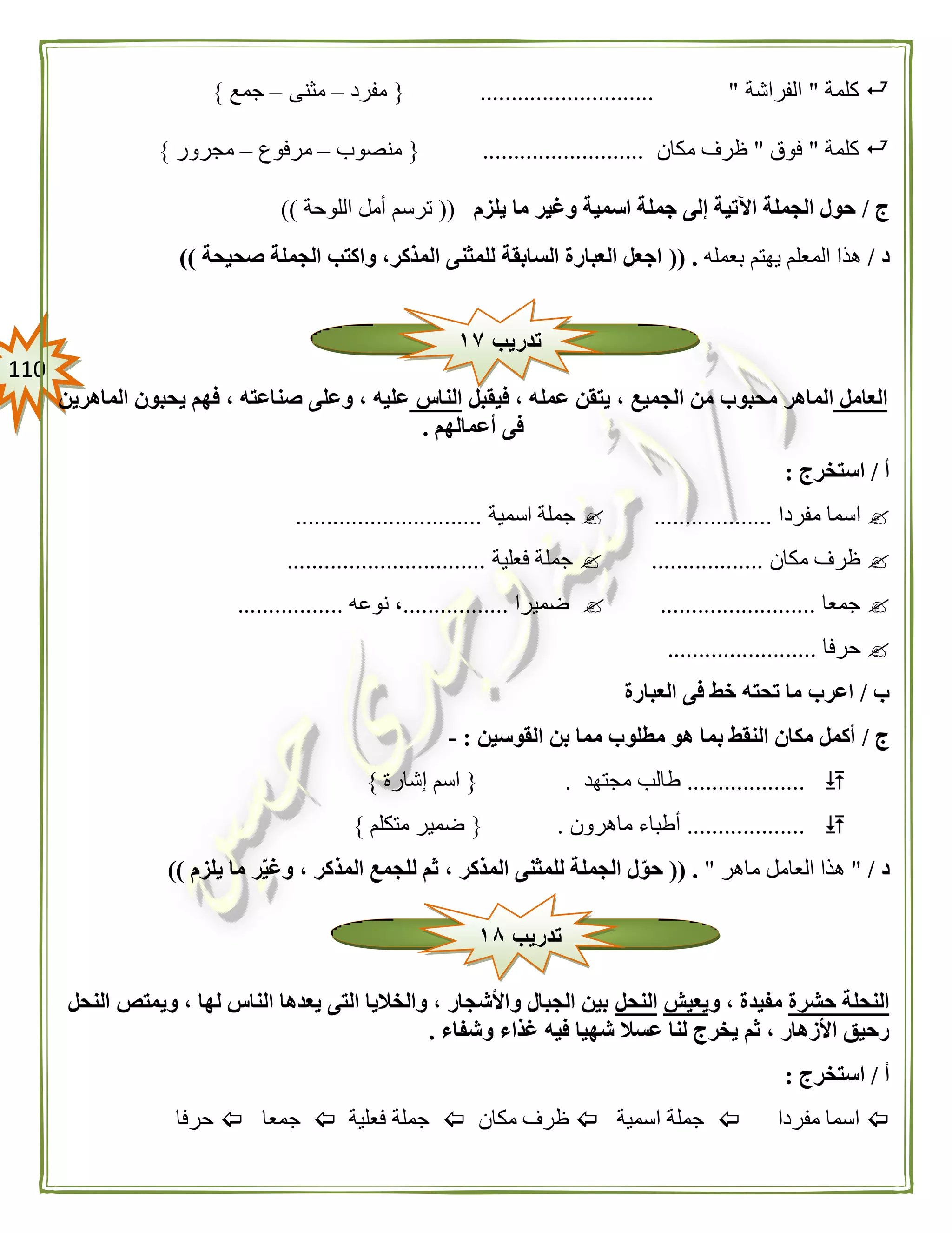 001
‫كلمة‬"‫الفراشة‬............................ "{‫مفرد‬–‫مثنى‬–‫جمع‬}
‫كلمة‬"‫فوق‬"‫مكان‬ ‫ظرف‬..........................{‫منصوب‬–‫مرفوع‬–‫مجرور‬}
‫ج‬/‫اآلتي‬ ‫الجملة‬ ‫حول‬‫يلزم‬ ‫ما‬ ‫وغير‬ ‫اسمية‬ ‫جملة‬ ‫إلى‬ ‫ة‬((‫اللوحة‬ ‫أمل‬ ‫ترسم‬))
‫د‬/‫بعمله‬ ‫يهتم‬ ‫المعلم‬ ‫هذا‬(( .‫صحيحة‬ ‫الجملة‬ ‫واكتب‬ ،‫المذكر‬ ‫للمثنى‬ ‫السابقة‬ ‫العبارة‬ ‫اجعل‬))
‫العامل‬‫فيقبل‬ ، ‫عمله‬ ‫يتقن‬ ، ‫الجميع‬ ‫من‬ ‫محبوب‬ ‫الماهر‬‫الناس‬‫الماهرين‬ ‫يحبون‬ ‫فهم‬ ، ‫صناعته‬ ‫وعلى‬ ، ‫عليه‬
‫أعمالهم‬ ‫فى‬.
‫أ‬/‫استخرج‬:
‫مفردا‬ ‫اسما‬...................‫اسمية‬ ‫جملة‬..............................
‫مكان‬ ‫ظرف‬..................‫فعلية‬ ‫جملة‬................................
‫جمعا‬.........................‫ضميرا‬.................‫نوعه‬ ،.................
‫حرفا‬........................
‫ب‬/‫العبارة‬ ‫فى‬ ‫خط‬ ‫تحته‬ ‫ما‬ ‫اعرب‬
‫ج‬/‫القوسين‬ ‫بن‬ ‫مما‬ ‫مطلوب‬ ‫هو‬ ‫بما‬ ‫النقط‬ ‫مكان‬ ‫أكمل‬:-
...................‫مجتهد‬ ‫طالب‬.{‫إشارة‬ ‫اسم‬}
...................‫ماهرون‬ ‫أطباء‬.{‫متكلم‬ ‫ضمير‬}
‫د‬/"‫ماهر‬ ‫العامل‬ ‫هذا‬"(( .‫يلزم‬ ‫ما‬ ‫ر‬‫وغي‬ ، ‫المذكر‬ ‫للجمع‬ ‫ثم‬ ، ‫المذكر‬ ‫للمثنى‬ ‫الجملة‬ ‫ل‬‫حو‬))
‫حشرة‬ ‫النحلة‬‫و‬ ، ‫مفيدة‬‫يعيش‬‫النحل‬‫النحل‬ ‫ويمتص‬ ، ‫لها‬ ‫الناس‬ ‫يعدها‬ ‫التى‬ ‫والخاليا‬ ، ‫واألشجار‬ ‫الجبال‬ ‫بين‬
‫غ‬ ‫فيه‬ ‫شهيا‬ ‫عسال‬ ‫لنا‬ ‫يخرج‬ ‫ثم‬ ، ‫األزهار‬ ‫رحيق‬‫وشفاء‬ ‫ذاء‬.
‫أ‬/‫استخرج‬:
‫مفردا‬ ‫اسما‬‫اسمية‬ ‫جملة‬‫مكان‬ ‫ظرف‬‫فعلية‬ ‫جملة‬‫جمعا‬‫حرفا‬
‫تدريب‬١٧
‫تدريب‬١۸
 
