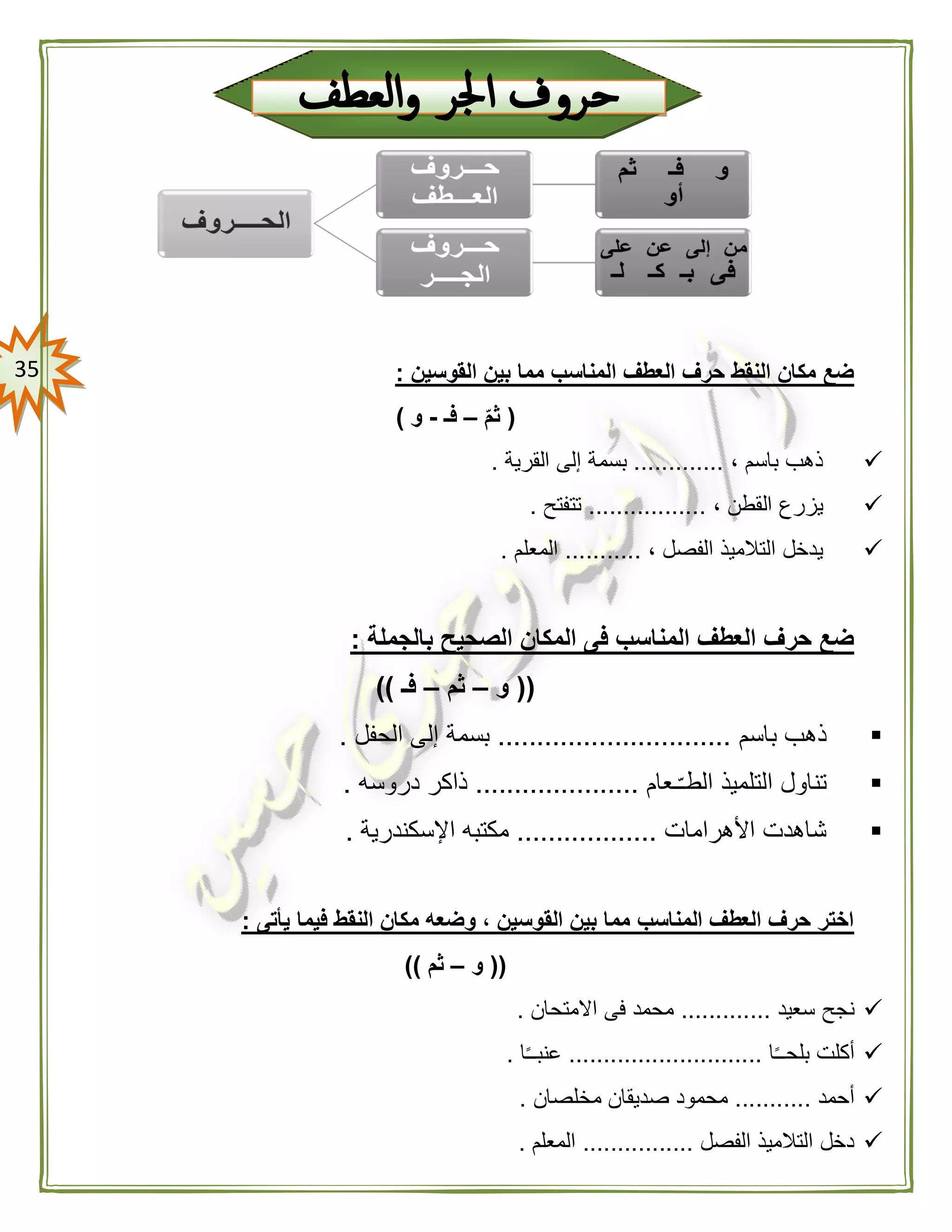 35 ‫القوسين‬ ‫بين‬ ‫مما‬ ‫المناسب‬ ‫العطف‬ ‫حرف‬ ‫النقط‬ ‫مكان‬ ‫ضع‬:
(ّ‫م‬‫ث‬–‫فـ‬-‫و‬)
، ‫باسم‬ ‫ذهب‬.............‫بسمة‬‫القرية‬ ‫إلى‬.
، ‫القطن‬ ‫يزرع‬.................‫تتفتح‬.
، ‫الفصل‬ ‫التالميذ‬ ‫يدخل‬...........‫المعلم‬.
‫بالجملة‬ ‫الصحيح‬ ‫المكان‬ ‫فى‬ ‫المناسب‬ ‫العطف‬ ‫حرف‬ ‫ضع‬:
((‫و‬–‫ثم‬–‫فـ‬))
‫باسم‬ ‫ذهب‬..............................‫الحفل‬ ‫إلى‬ ‫بسمة‬.
‫ـعام‬ّ‫ـ‬‫الط‬ ‫التلميذ‬ ‫تناول‬.....................‫دروسه‬ ‫ذاكر‬.
‫األهرامات‬ ‫شاهدت‬..................‫اإلسكندرية‬ ‫مكتبه‬.
‫يأتى‬ ‫فيما‬ ‫النقط‬ ‫مكان‬ ‫وضعه‬ ، ‫القوسين‬ ‫بين‬ ‫مما‬ ‫المناسب‬ ‫العطف‬ ‫حرف‬ ‫اختر‬:
((‫و‬–‫ثم‬))
‫سعيد‬ ‫نجح‬.............‫االمتحان‬ ‫فى‬ ‫محمد‬.
‫ا‬ً‫ـ‬‫بلحـ‬ ‫أكلت‬............................‫عنبـ‬‫ا‬ً‫ـ‬.
‫أحمد‬...........‫مخلصان‬ ‫صديقان‬ ‫محمود‬.
‫الفصل‬ ‫التالميذ‬ ‫دخل‬................‫المعلم‬.
 