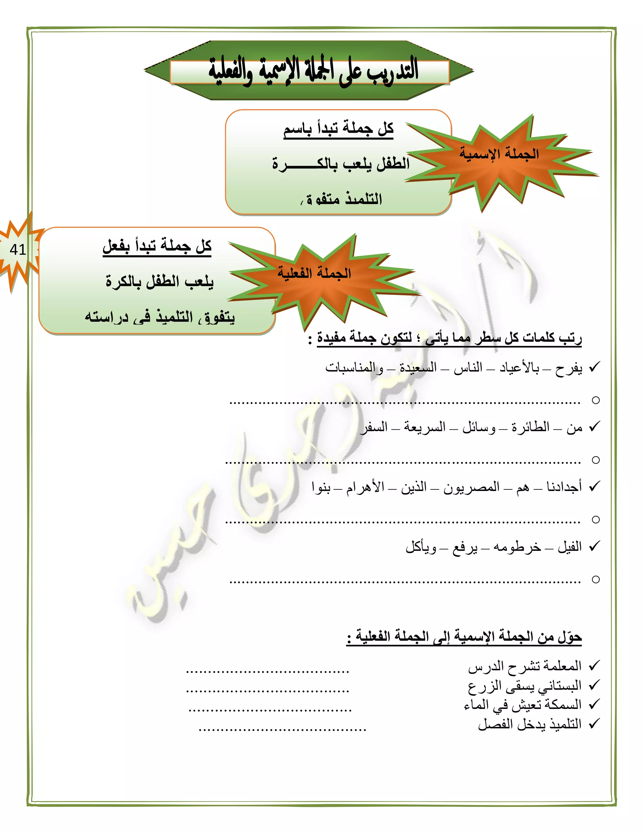 40
‫مفيدة‬ ‫جملة‬ ‫لتكون‬ ‫؛‬ ‫يأتي‬ ‫مما‬ ‫سطر‬ ‫كل‬ ‫كلمات‬ ‫رتب‬:
‫يفرح‬–‫باألعياد‬–‫الناس‬–‫السعيدة‬–‫والمناسبات‬
o....................................................................................
‫من‬–‫الطائرة‬–‫وسائل‬–‫السريعة‬–‫السفر‬
o.....................................................................................
‫أجدادنا‬–‫هم‬–‫المصريون‬–‫الذين‬–‫األهرام‬–‫بنوا‬
o.....................................................................................
‫الفيل‬–‫خرطومه‬–‫يرفع‬–‫ويأكل‬
o....................................................................................
‫الفعلية‬ ‫الجملة‬ ‫إلى‬ ‫اإلسمية‬ ‫الجملة‬ ‫من‬ ‫ل‬‫حو‬:
‫المعلمة‬‫تشرح‬‫الدرس‬.....................................
‫البستاني‬‫يسقى‬‫الزرع‬.....................................
‫السمكة‬‫تعيش‬‫في‬‫الماء‬.....................................
‫التلميذ‬‫يدخل‬‫الفصل‬......................................
‫باسم‬ ‫تبدأ‬ ‫جملة‬ ‫كل‬
‫بالكــــــــرة‬ ‫يلعب‬ ‫الطفل‬
‫ا‬‫متفوق‬ ‫لتلميذ‬
‫محطته‬ ‫في‬ ‫يقف‬ ‫القطار‬
‫اإلسمية‬ ‫الجملة‬
‫بفعل‬ ‫تبدأ‬ ‫جملة‬ ‫كل‬
‫بالكرة‬ ‫الطفل‬ ‫يلعب‬
‫دراسته‬ ‫في‬ ‫التلميذ‬ ‫يتفوق‬
‫محطته‬ ‫في‬ ‫القطار‬ ‫يقف‬
‫ال‬ ‫الجملة‬‫فعلية‬
 