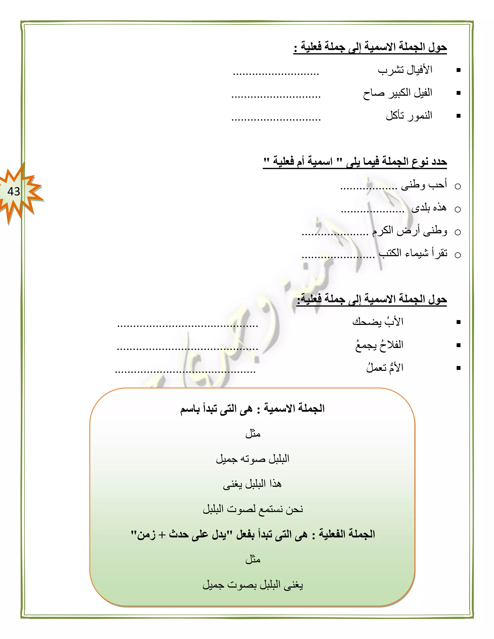 43
‫فعلية‬ ‫جملة‬ ‫إلى‬ ‫االسمية‬ ‫الجملة‬ ‫حول‬:
‫تشرب‬ ‫األفيال‬...........................
‫صاح‬ ‫الكبير‬ ‫الفيل‬............................
‫تأكل‬ ‫النمور‬............................
‫يلى‬ ‫فيما‬ ‫الجملة‬ ‫نوع‬ ‫حدد‬"‫فعلية‬ ‫أم‬ ‫اسمية‬"
o‫وطنى‬ ‫أحب‬..................
o‫بلدى‬ ‫هذه‬....................
o‫الكرم‬ ‫أرض‬ ‫وطنى‬.....................
o‫الكتب‬ ‫شيماء‬ ‫تقرأ‬.......................
‫فعلية‬ ‫جملة‬ ‫إلى‬ ‫االسمية‬ ‫الجملة‬ ‫حول‬:
‫يضحك‬ ‫األب‬............................................
‫يجمع‬ ‫الفالح‬............................................
‫تعمل‬ ُّ‫م‬‫األ‬............................................
‫االسمية‬ ‫الجملة‬:‫باسم‬ ‫تبدأ‬ ‫التى‬ ‫هى‬
‫مثل‬
‫جميل‬ ‫صوته‬ ‫البلبل‬
‫يغنى‬ ‫البلبل‬ ‫هذا‬
‫البلبل‬ ‫لصوت‬ ‫نستمع‬ ‫نحن‬
‫الجملة‬‫الفعلية‬:‫بفعل‬ ‫تبدأ‬ ‫التى‬ ‫هى‬"‫حدث‬ ‫على‬ ‫يدل‬+‫زمن‬"
‫مثل‬
‫جميل‬ ‫بصوت‬ ‫البلبل‬ ‫يغنى‬
‫القصر‬ ‫أنوار‬ ‫الحراس‬ ‫أطفأ‬
 