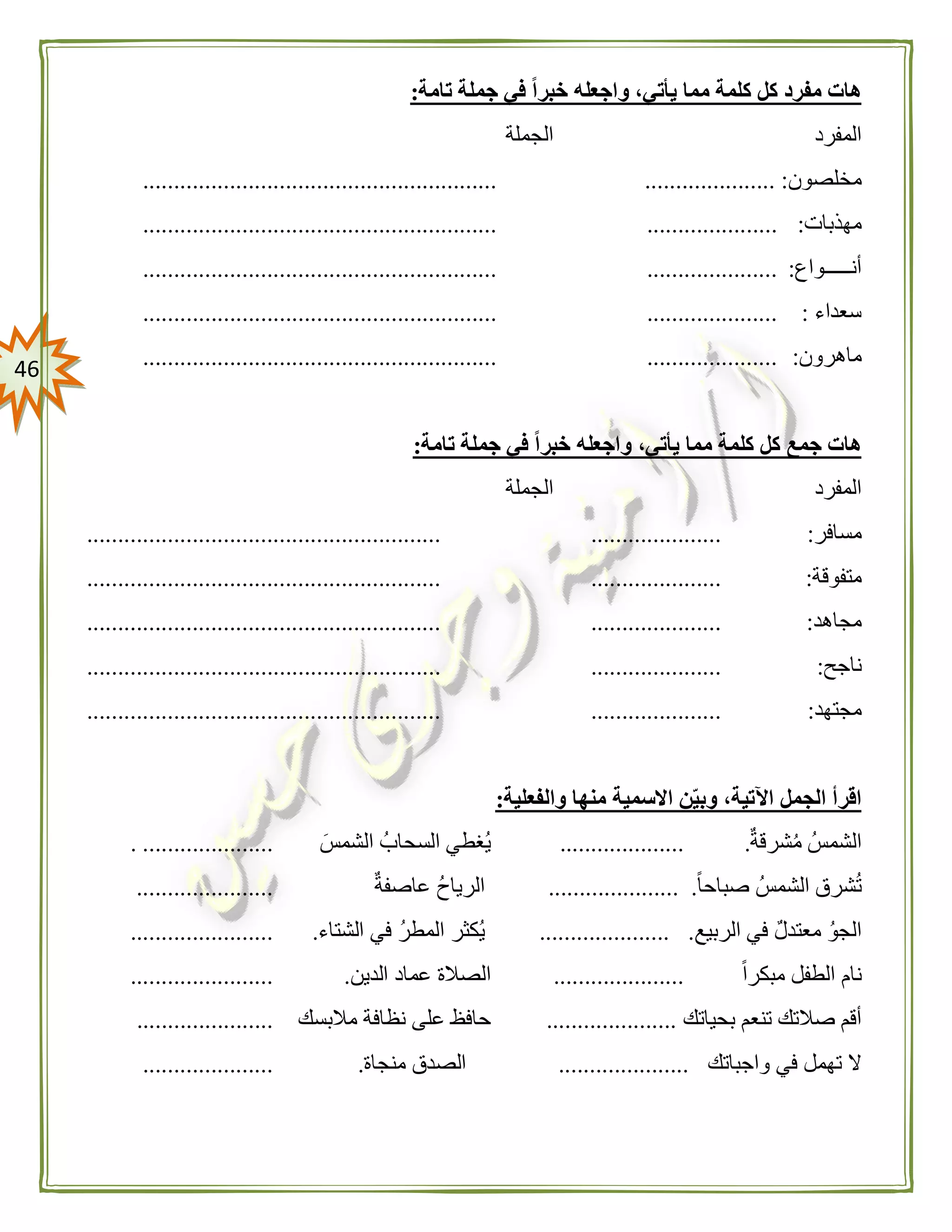 46
‫تامة‬ ‫جملة‬ ‫في‬ ً‫ا‬‫خبر‬ ‫واجعله‬ ،‫يأتي‬ ‫مما‬ ‫كلمة‬ ‫كل‬ ‫مفرد‬ ‫هات‬:
‫المفرد‬‫الجملة‬
‫مخلصون‬..................... :.........................................................
‫مهذبات‬:..............................................................................
‫أنـــــواع‬:..............................................................................
‫سعداء‬:..............................................................................
‫ماهرون‬:..............................................................................
‫تامة‬ ‫جملة‬ ‫في‬ ً‫ا‬‫خبر‬ ‫واجعله‬ ،‫يأتي‬ ‫مما‬ ‫كلمة‬ ‫كل‬ ‫جمع‬ ‫هات‬:
‫المفرد‬‫الجملة‬
‫مسافر‬:..............................................................................
‫متفوقة‬:..............................................................................
‫مجاهد‬:..............................................................................
‫ناجح‬:..............................................................................
‫مجتهد‬:..............................................................................
‫والفعلية‬ ‫منها‬ ‫االسمية‬ ‫ن‬‫وبي‬ ،‫اآلتية‬ ‫الجمل‬ ‫اقرأ‬:
‫شرقة‬‫م‬ ‫الشمس‬.....................‫الشمس‬ ‫السحاب‬ ‫غطي‬‫ي‬.................. ....
ً‫ا‬‫صباح‬ ‫الشمس‬ ‫شرق‬‫ت‬..................... .‫عاصفة‬ ‫الرياح‬......................
‫الربيع‬ ‫في‬ ‫معتدل‬ ‫الجو‬..................... .‫الشتاء‬ ‫في‬ ‫المطر‬ ‫كثر‬‫ي‬........................
ً‫ا‬‫مبكر‬ ‫الطفل‬ ‫نام‬.....................‫الدين‬ ‫عماد‬ ‫الصالة‬........................
‫بحياتك‬ ‫تنعم‬ ‫صالتك‬ ‫أقم‬.....................‫مالبسك‬ ‫نظافة‬ ‫على‬ ‫حافظ‬......................
‫واجباتك‬ ‫في‬ ‫تهمل‬ ‫ال‬.....................‫منجاة‬ ‫الصدق‬......................
 