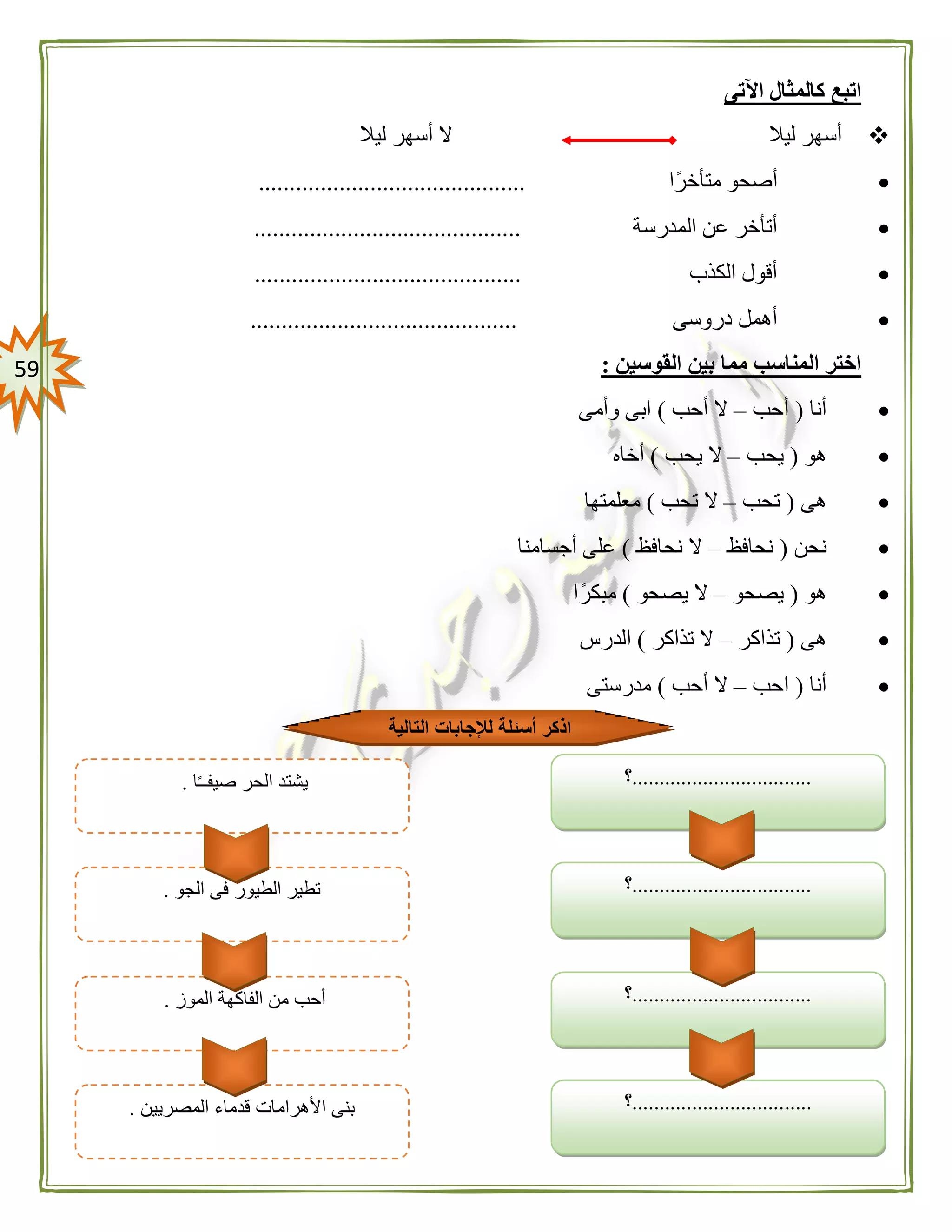 59
‫اآلتى‬ ‫كالمثال‬ ‫اتبع‬
‫ليال‬ ‫أسهر‬ ‫ال‬ ‫ليال‬ ‫أسهر‬
‫متأخرًا‬ ‫أصحو‬...........................................
‫المدرسة‬ ‫عن‬ ‫أتأخر‬...........................................
‫الكذب‬ ‫أقول‬...........................................
‫دروسى‬ ‫أهمل‬...........................................
‫القوسين‬ ‫بين‬ ‫مما‬ ‫المناسب‬ ‫اختر‬:
‫أنا‬(‫أحب‬–‫أحب‬ ‫ال‬)‫وأمى‬ ‫ابى‬
‫هو‬(‫يحب‬–‫يحب‬ ‫ال‬)‫أخاه‬
‫هى‬(‫تحب‬–‫تحب‬ ‫ال‬)‫معلمتها‬
‫نحن‬(‫نحافظ‬–‫نحافظ‬ ‫ال‬)‫أجسامنا‬ ‫على‬
‫هو‬(‫يصحو‬–‫يصحو‬ ‫ال‬)‫ا‬ً‫مبكر‬
‫هى‬(‫تذاكر‬–‫تذاكر‬ ‫ال‬)‫الدرس‬
‫أنا‬(‫احب‬–‫أحب‬ ‫ال‬)‫مدرستى‬
.................................‫؟‬
.................................‫؟‬
‫الموز‬ ‫الفاكهة‬ ‫من‬ ‫أحب‬.
‫التالية‬ ‫لإلجابات‬ ‫أسئلة‬ ‫اذكر‬
.................................‫؟‬
.................................‫؟‬‫الجو‬ ‫فى‬ ‫الطيور‬ ‫تطير‬.
‫ا‬ً‫ـ‬‫صيفـ‬ ‫الحر‬ ‫يشتد‬.
‫المصريين‬ ‫قدماء‬ ‫األهرامات‬ ‫بنى‬.
 