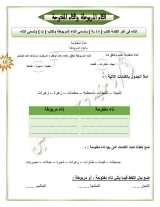 03
‫اآلتية‬ ‫بالكلمات‬ ‫الجدول‬ ‫امأل‬:-
‫تلميذة‬–‫تلميذات‬–‫معلمة‬–‫معلمات‬–‫زهرة‬–‫زهرات‬
‫مفتوحة‬ ‫تاء‬‫مربوطة‬ ‫تاء‬
.........................................
........................................
.........................................
.........................................
........................................
.........................................
‫مفتوحة‬ ‫تاء‬ ‫بها‬ ‫التى‬ ‫الكلمات‬ ‫تحت‬ ‫ًّا‬ّ‫خطــ‬ ‫ضع‬:-
‫صديقات‬–‫قصة‬–‫طائرات‬–‫زهرات‬–‫شجرة‬–‫عمالت‬–‫مصريات‬
‫مفتوحة‬ ًّ‫ء‬‫تا‬ ‫يأتى‬ ‫فيما‬ ‫النقط‬ ‫بدل‬ ‫ضع‬‫مربوطة‬ ‫أو‬ ،:
‫التجار‬......‫المنتجا‬.........‫العالميـ‬.......
‫تكتب‬ ‫الكلمة‬ ‫آخر‬ ‫فى‬ ‫التاء‬{‫ة‬/‫ــة‬}‫وتكتب‬ ‫المربوطة‬ ‫التاء‬ ‫وتسمى‬{‫ت‬}‫التاء‬ ‫وتسمى‬
‫المفتو‬‫حة‬
 