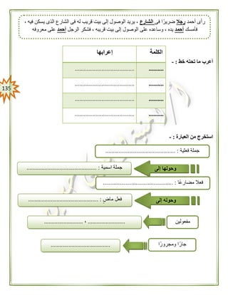 035
‫خط‬ ‫تحته‬ ‫ما‬ ‫أعرب‬:-
‫العبارة‬ ‫من‬ ‫استخرج‬:-
‫الكلمة‬‫إعرابها‬
..................................................
..................................................
..................................................
..................................................
‫أحمد‬ ‫رأى‬‫رجال‬‫فى‬ ‫ا‬ً‫ضرير‬‫الشارع‬، ‫فيه‬ ‫يسكن‬ ‫الذى‬ ‫الشارع‬ ‫فى‬ ‫له‬ ‫قريب‬ ‫بيت‬ ‫إلى‬ ‫الوصول‬ ‫يريد‬ ،
‫فأمسك‬‫أحمد‬‫الرجل‬ ‫فشكر‬ ، ‫قريبه‬ ‫بيت‬ ‫إلى‬ ‫الوصول‬ ‫على‬ ‫وساعده‬ ، ‫يده‬‫أحمد‬‫م‬ ‫على‬‫عروفه‬
‫فعلية‬ ‫جملة‬............................................... :
‫جملة‬‫اسمية‬............................................... : ‫وحولها‬‫إلى‬
‫ًا‬‫ع‬‫مضار‬ ‫فعال‬............................................... :
‫ماض‬ ‫فعل‬.................................. :............. ‫وحوله‬‫إلى‬
‫مفعولين‬.........................،..........................
‫ومجرورًا‬ ‫ا‬ً‫جار‬........................................
 