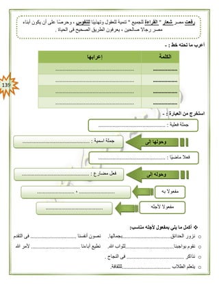 039
‫خط‬ ‫تحته‬ ‫ما‬ ‫أعرب‬:-
‫الكلمة‬‫إعرابها‬
........................................................................
........................................................................
........................................................................
........................................................................
‫العبارة‬ ‫من‬ ‫استخرج‬:-
‫مناسب‬ ‫ألجله‬ ‫بمفعول‬ ‫يلي‬ ‫ما‬ ‫أكمل‬:
o‫الح‬ ‫نزور‬‫دائق‬..................................‫بجمالها‬.‫أنفسنا‬ ‫نصون‬................................‫التقدم‬ ‫فى‬
o‫بواجبنا‬ ‫نقوم‬..................................‫هللا‬ ‫لثواب‬.‫آباءنا‬ ‫نطيع‬..................................‫هللا‬ ‫ألمر‬
o‫نذاكر‬........................................‫النجاح‬ ‫فى‬.
o‫الطالب‬ ‫يتعلم‬..................................‫للثقافة‬.
‫رفعت‬‫مصر‬‫شعار‬"‫القراءة‬‫للجميع‬"‫ًا‬‫ب‬‫وتهذي‬ ‫للعقول‬ ‫تنمية‬‫للنفوس‬‫أبناء‬ ‫يكون‬ ‫أن‬ ‫على‬ ‫وحرصًا‬ ،
‫الحياة‬ ‫فى‬ ‫الصحيح‬ ‫الطريق‬ ‫يعرفون‬ ، ‫صالحين‬ ‫رجاال‬ ‫مصر‬.
‫فعلية‬ ‫جملة‬............................................... :
‫جملة‬‫اسمية‬............................................... : ‫وحولها‬‫إلى‬
‫فعال‬‫ًا‬‫ي‬‫ماض‬............................................... :
‫مضارع‬ ‫فعل‬............................................... : ‫وحوله‬‫إلى‬
‫به‬ ‫مفعوال‬.........................،..........................
‫ألجله‬ ‫مفعوال‬........................................
 