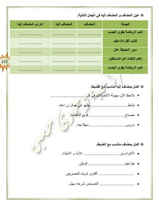 055
‫التالية‬ ‫الجمل‬ ‫في‬ ‫إليه‬ ‫المضاف‬ ‫و‬ ‫المضاف‬ ‫عين‬:
‫الجملة‬‫المضاف‬‫إليه‬ ‫المضاف‬‫إليه‬ ‫المضاف‬ ‫إعراب‬
‫الجسم‬ ‫يقوى‬ ‫الرياضة‬ ‫لعب‬..................................................................
‫مفيد‬ ‫القراءة‬ ‫كتاب‬..................................................................
‫عال‬ ‫الحديقة‬ ‫سور‬..................................................................
‫المستقب‬ ‫أمل‬ ‫اللغات‬ ‫تعلم‬‫ل‬..................................................................
‫الجسم‬ ‫يقوى‬ ‫الرياضة‬ ‫لعب‬..................................................................
‫الضبط‬ ‫مع‬ ‫مناسب‬ ‫إليه‬ ‫بمضاف‬ ‫أكمل‬:
‫كل‬ ‫في‬ ‫االتصاالت‬ ‫سهولة‬ ‫اآلن‬ ‫نالحظ‬..................................
‫نشاط‬..................................‫زراعته‬ ‫جمال‬ ‫في‬ ‫يظهر‬.
‫مصباح‬..................................‫اإلضاءة‬ ‫قوى‬.
‫دروس‬..................................‫جدا‬ ‫سهلة‬.
‫الضبط‬ ‫مع‬ ‫مناسب‬ ‫بمضاف‬ ‫أكمل‬:
‫من‬ ‫األهرام‬..................................‫ا‬ ‫و‬ ‫اآلباء‬‫ألجداد‬.
‫نعيد‬ ‫هيا‬..................................‫الوطن‬.
..................................‫للمصريين‬ ‫شرف‬ ‫أكتوبر‬.
.................................‫سهل‬ ‫شرحه‬ ‫النصوص‬.
 