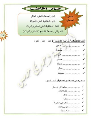 24
‫القوسين‬ ‫بين‬ ‫مما‬ ‫بكلمة‬ ‫الجمل‬ ‫أكمل‬:(َ‫أنت‬–ِ‫ت‬‫أن‬–‫أنتم‬)
........................‫صغير‬
.......................‫صغيرة‬
........................‫كبيرة‬
.......................‫صغار‬
.......................‫تلميذة‬
......................‫عمال‬
....................‫طبيبات‬
‫المخاطبة‬ ‫و‬ ‫المخاطب‬ ‫ضمير‬ ‫استخدم‬(‫أنت‬–ِ‫ت‬‫أن‬):
................‫دروسك‬ ‫في‬ ‫مجتهدة‬
................‫الكالم‬ ‫ة‬‫ر‬‫كثي‬
................‫تذاكر‬
...............‫معلمة‬
...............‫المدرسة‬ ‫إلى‬ ‫تذهب‬
...............‫اجبك‬‫و‬ ‫تهملى‬
.............‫نشيط‬ ‫فالح‬
َ‫أنت‬:‫المذكر‬ ‫المفرد‬ ‫لمخاطبة‬
‫أنت‬:‫المؤنثة‬ ‫المفردة‬ ‫لمخاطبة‬
‫أنتما‬:‫والمؤنث‬ ‫المذكر‬ ‫المثنى‬ ‫لمخاطبة‬
‫أنتم‬‫وأنتن‬:‫الجمع‬ ‫لمخاطبة‬(‫والمؤنث‬ ‫المذكر‬)
‫ضمائر‬
‫المخاطب‬
 