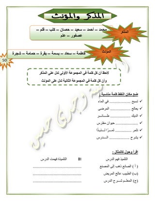 51
‫مناسبة‬ ‫كلمة‬ ‫النقط‬ ‫مكان‬ ‫ضع‬:
‫تسبح‬.....................‫الماء‬ ‫في‬
‫يعالج‬....................‫المرضى‬
‫الديك‬....................‫طــــائـــر‬
......................‫مفترس‬ ‫حيوان‬
‫تثمر‬................‫ا‬ً‫ذ‬‫لـــذيـ‬ ‫ثمـــرًا‬
‫يشرح‬....................‫الــــدرس‬
‫كالمثال‬ ‫وحول‬ ‫اقرأ‬:
‫الدرس‬ ‫فهم‬ ‫التلميذ‬‫الدرس‬ ‫فهمت‬ ‫التلميذة‬
(‫أ‬)‫المصنع‬ ‫إلى‬ ‫ذهب‬ ‫الصانع‬................................................
(‫ب‬)‫المريض‬ ‫عالج‬ ‫الطبيب‬................................................
(‫ج‬)‫الدرس‬ ‫شـــرح‬ ‫المعلــم‬................................................
‫المذكر‬ ‫على‬ ‫تدل‬ ‫األولى‬ ‫المجموعة‬ ‫في‬ ‫كلمة‬ ‫كل‬ ‫أن‬ ‫الحظ‬
‫المؤنث‬ ‫على‬ ‫تدل‬ ‫الثانية‬ ‫المجموعة‬ ‫في‬ ‫كلمة‬ ‫كل‬ ‫وأن‬
‫فاطمة‬–‫سعاد‬–‫بسمة‬–‫بقرة‬–‫حمامة‬–‫شجرة‬ ‫المؤنث‬
‫محمد‬–‫أحمد‬–‫سعيد‬–‫حصان‬–‫كلب‬–‫قلم‬–
‫عصفور‬–‫علم‬
‫المذكر‬
 