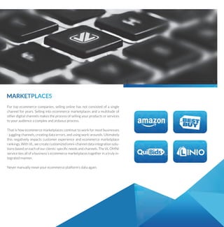 MARKETPLACES
Fortopecommercecompanies,sellingonlinehasnotconsistedofasingle
channelforyears.Sellingintoecommercemarketplacesandamultitudeof
otherdigitalchannelsmakestheprocessofsellingyourproductsorservices
toyouraudienceacomplexandarduousprocess.
ThatThatishowecommercemarketplacescontinuetoworkformostbusinesses
-jugglingchannels,creatingdataerrors,andusingwork-arounds.Ultimately
thisnegativelyimpactscustomerexperienceandecommercemarketplace
rankings.WithVL,wecreatecustomizedomni-channeldataintegrationsolu-
tionsbasedoneachofourclientsspeci?cneedsandchannels.TheVLOMNI
servicetiesallofabusinesssecommercemarketplacestogetherinatrulyin-
tegratedmanner.
Nevermanuallymoveyourecommerceplatformsdataagain.
 