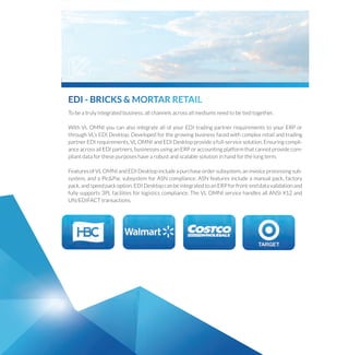 EDI-BRICKS&MORTARRETAIL
Tobeatrulyintegratedbusiness,allchannelsacrossallmediumsneedtobetiedtogether.
WithVLOMNIyoucanalsointegrateallofyourEDItradingpartnerrequirementstoyourERPor
throughVLsEDIDesktop.Developedforthegrowingbusinessfacedwithcomplexretailandtrading
partnerEDIrequirements,VLOMNIandEDIDesktopprovideafull-servicesolution.Ensuringcompli-
anceacrossallEDIpartners,businessesusinganERPoraccountingplatformthatcannotprovidecom-
pliantdataforthesepurposeshavearobustandscalablesolutioninhandforthelongterm.
FeaturesofVLOMNIandEDIDesktopincludeapurchaseordersubsystem,aninvoiceprocessingsub-
system,andaPic&PacsubsystemforASNcompliance.ASNfeaturesincludeamanualpack,factory
pack,andspeedpackoption.EDIDesktopcanbeintegratedtoanERPforfront-enddatavalidationand
fullysupports3PLfacilitiesforlogisticscompliance.TheVLOMNIservicehandlesallANSIX12and
UN/EDIFACTtransactions.
 