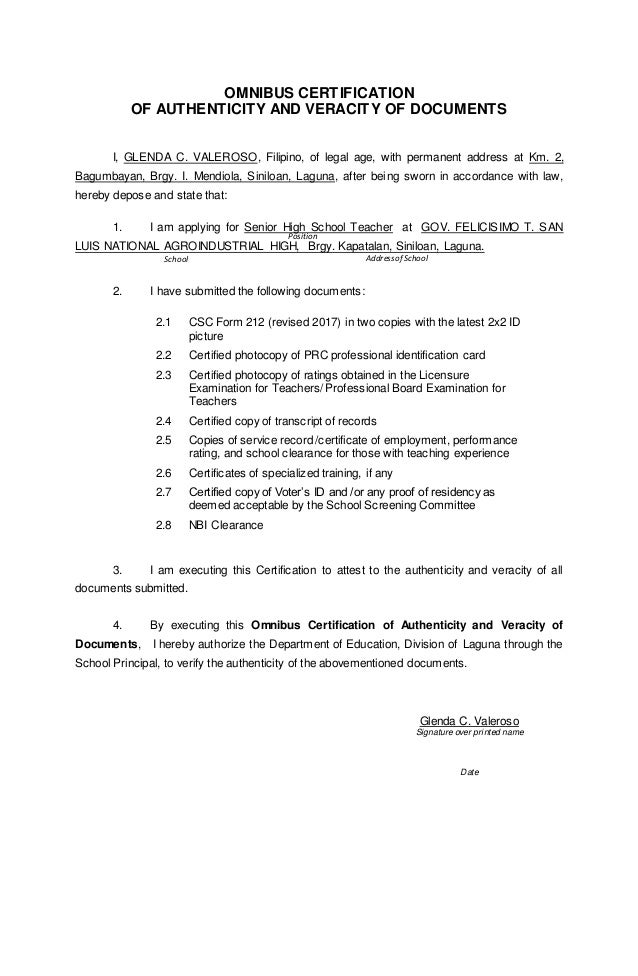 Omnibus certification of authenticity and veracity of documents (2)