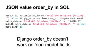 JSON value order_by in SQL 
SELECT id, NULLIF(extra_data->>'Total GHG Emissions (MtCO2e)', 
'')::float AS ghg_emissions from seed_buildingsnapshot WHERE 
extra_data->>'Total GHG Emissions (MtCO2e)' != '' ORDER BY 
NULLIF(extra_data->>'Total GHG Emissions (MtCO2e)', '')::float 
DESC LIMIT 10; 
Django order_by doesn’t 
work on ‘non-model-fields’ 
 