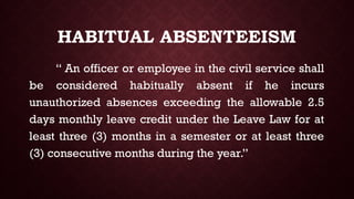HABITUAL ABSENTEEISM
“ An officer or employee in the civil service shall
be considered habitually absent if he incurs
unauthorized absences exceeding the allowable 2.5
days monthly leave credit under the Leave Law for at
least three (3) months in a semester or at least three
(3) consecutive months during the year.”
 