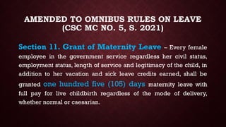AMENDED TO OMNIBUS RULES ON LEAVE
(CSC MC NO. 5, S. 2021)
Section 11. Grant of Maternity Leave – Every female
employee in the government service regardless her civil status,
employment status, length of service and legitimacy of the child, in
addition to her vacation and sick leave credits earned, shall be
granted one hundred five (105) days maternity leave with
full pay for live childbirth regardless of the mode of delivery,
whether normal or caesarian.
 